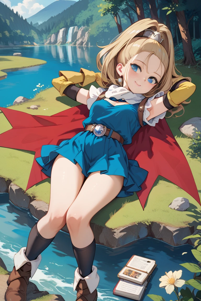 best quality, high resolution, (perfect anatomy), super detailed skin, (masterpiece), expressive eyes, perfect face, nsfw, dq6 barbara, 1girl,  jewelry, red cape, blue dress, elbow gloves, yellow gloves, belt, blue skirt, black socks, boots,
small breasts, high ponytail, long hair, purple eyes, small breasts,
A girl lying down floats on a lake in the forest,