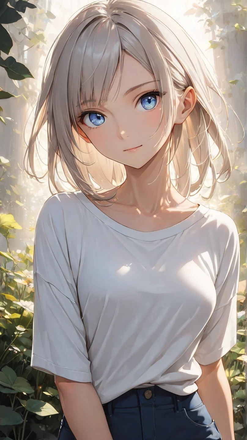 (Perfect Anatomy:1.3), animation style, short, slightly tousled light gray hair with a faint bluish tint, sleek and casual hairstyle with soft layers, (boyish and androgynous charm:1.3), calm and introspective young woman, short textured bangs, layered and tousled long nape, asymmetrical bangs, soft side-swept fringe, modern and minimalistic style, oversized hoodie or casual t-shirt, (relaxed-fit pants:1.7), ethereal and mysterious atmosphere, serene and gentle smile, Best Illumination, cinematic lighting, crisp details, vibrant colors, cute, (beautiful detailed face and eyes:1.3). (face shot:1.7), low angle, natural posing, looking directly at the camera, relaxed expression, (medium breasts:1.3), beautiful body, slim figure, Beautiful breasts, Beautiful clavicle, BREAK, (slender hips:1.3), (beauty legs:1.3), (slim thighs:1.3), (fit and toned legs:1.3), long legs, (Long, slender legs:1.3), (forehead:1.1), (parted bangs:1.3),(symmetrical and cute face:1.3), clear and fair skin, (soft and smooth skin:1.3), (beautiful eyes:1.3),  (beautiful face:1.3), (Mature appearance:1.5)、Smooth and Flawless Skin, Expressive and Captivating Eyes, Well-Defined Facial Features, Radiant and Healthy Glow, Perfectly Proportioned Face, Graceful and Symmetrical Features, Fine Details and Realistic Textures,  