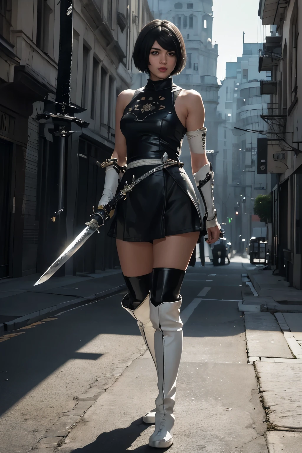 score_9, score_8_up, score_7_up, 32k,masterpiece , far view , (black long boots:1.8),(full body) , fight bose , far view (black hair band:1.4), (beautiful face:1.5), (detailed face:1.2), (masterpiece, best quality:1.4), (In the ruined big city), (remains of large machinery:1.5), (fight against mechanical lifeforms:1.5), (full body shot:1.3), (1girl), (have a big sword:1.7), solo, (beautiful european:1.2), yorha no. 2 type b, (white short hair:1.5), hyperrealistic, high detailed skin, high quality, highly detailed face, highly detailed skin, skin pores, subsurface scattering, realistic pupils, medium breast, full face blush, full lips, detailed background, depth of field, volumetric lighting, sharp focus, absurdres, realistic proportions, good anatomy, (realistic, hyperrealistic:1.4)