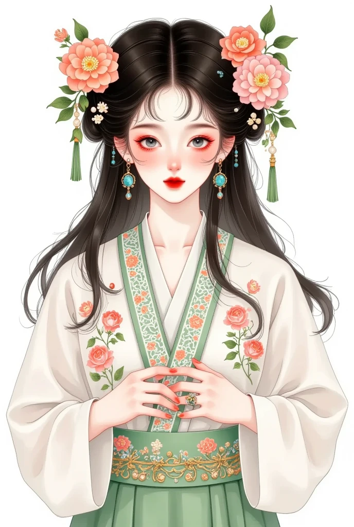 1 Girl,bead,black eyes, dark haired,, Chinese Clothes ,Shut up,skirt,earrings,gem,Jewelry,Lips,Lipstick,Long sleeve, View Audience,cosmetic,red Lips, Smile, unique ,tassel, upper body