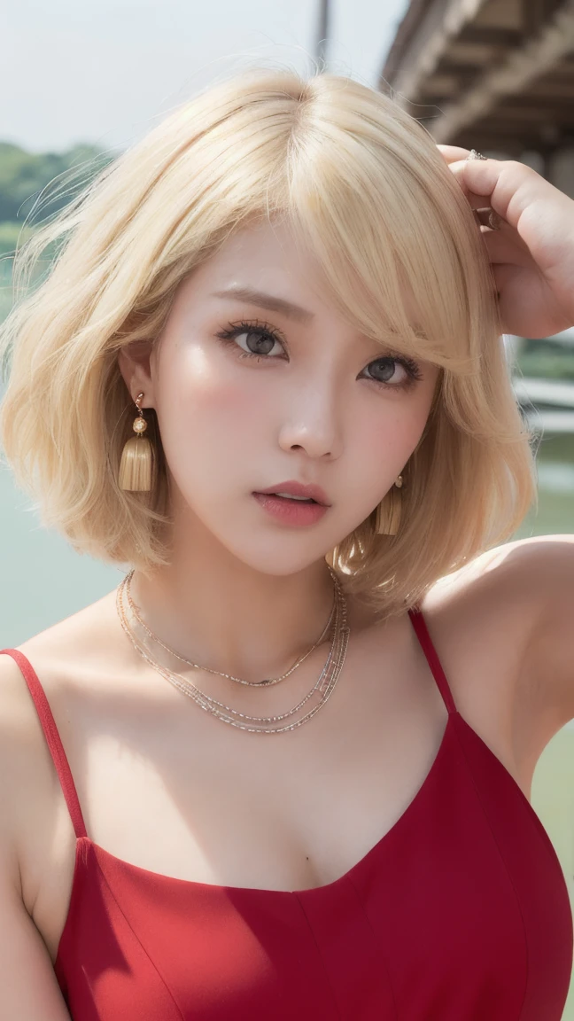 25 years old women,Medium milk, (Butt sticking out pose)、(turned aParks with lakes、Big necklace、earrings、Photos showing the whole body(Short Hair)(((Blonde)))(( wave hair))(( red dress))((Angry face))(( Extreme Close Up))