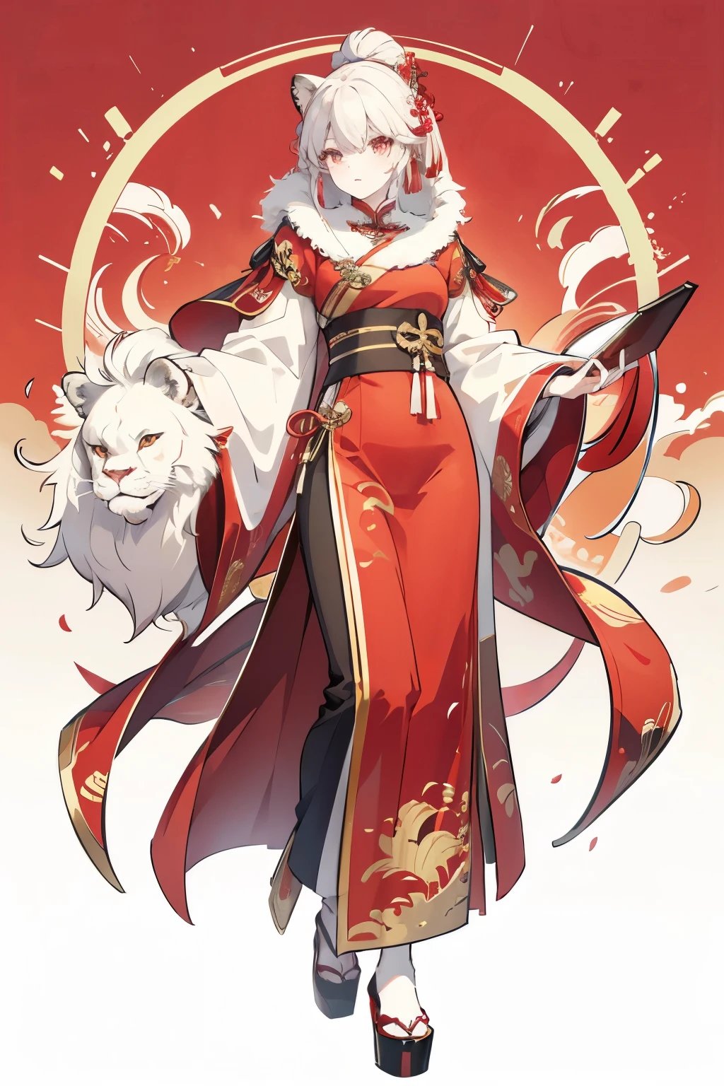 Chinese lion traditional full-body portrait graphic illustration vector illustration red Chinese elements contrast, high saturation, high detail, ultra-high definition expression, pride and confidence