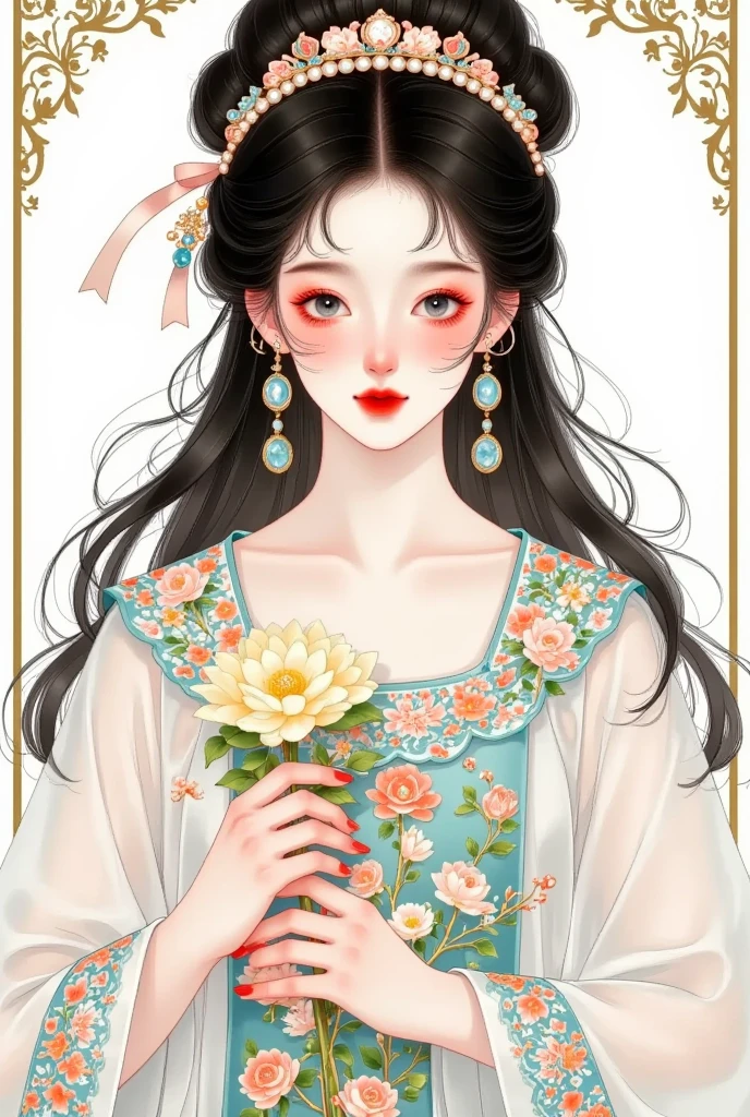 1 elegant girl,bead,black eyes, dark haired,, Chinese Clothes ,Shut up,skirt,earrings,gem,Jewelry,Lips,Lipstick,Long sleeve, View Audience,cosmetic,red Lips, Smile, unique ,tassel, upper body