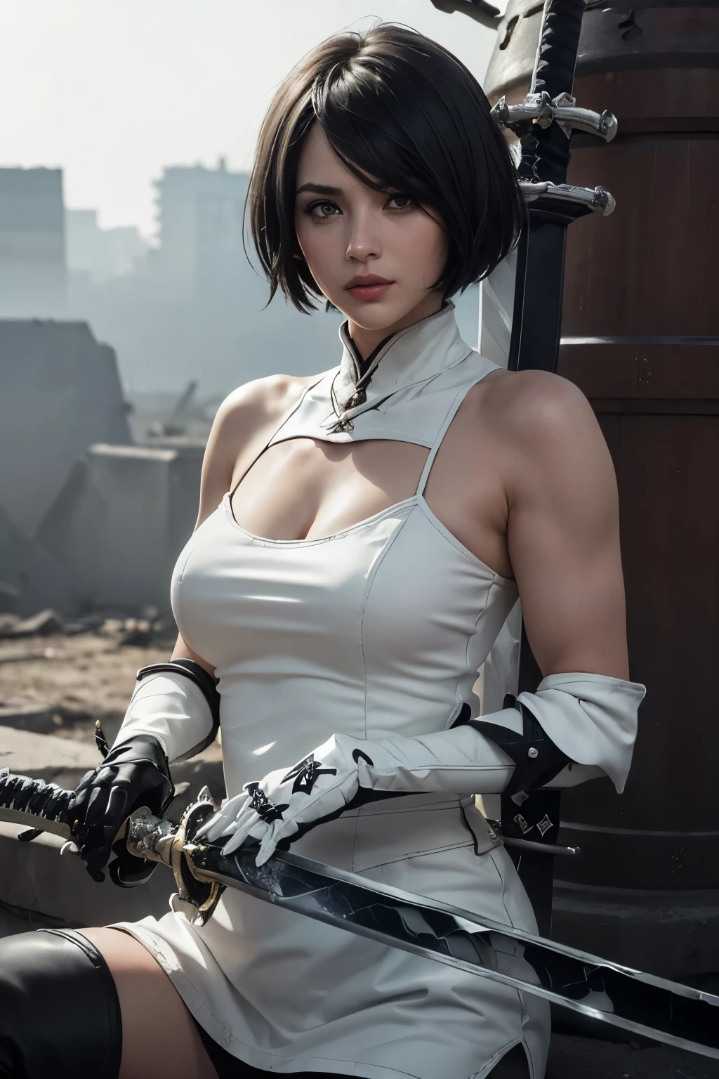score_9, score_8_up, score_7_up, 32k,masterpiece , far view , (black long boots:1.8),(full body) , fight bose , far view (black hair band:1.4), (beautiful face:1.5), (detailed face:1.2), (masterpiece, best quality:1.4), (In the ruined big city), (remains of large machinery:1.5), (fight against mechanical lifeforms:1.5), (full body shot:1.3), (1girl), (have a big sword:1.7), solo, (beautiful european:1.2), yorha no. 2 type b, (white short hair:1.5), hyperrealistic, high detailed skin, high quality, highly detailed face, highly detailed skin, skin pores, subsurface scattering, realistic pupils, medium breast, full face blush, full lips, detailed background, depth of field, volumetric lighting, sharp focus, absurdres, realistic proportions, good anatomy, (realistic, hyperrealistic:1.4)
