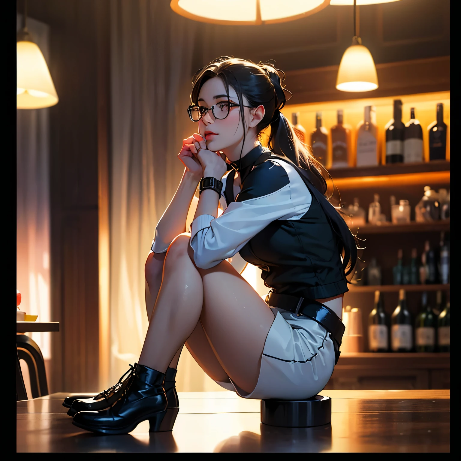 action shot a picture of a curvy woman (Masterpiece 1.5, intense details), full body, sitting in a bar, sipping a cocktail, wearing a white mini dress, slightly hiding the edge of white silk stocking, wearing high heels, smirking, glasses, black choker (intense details, black hair, long hair, ponytail, very long hair, hair strand, hairpin, eye reflection, intense azure eyes, light makeup, shy, blush, photorealistic, Realism, depth of field, dim light, full body, silhouette, perfect anatomy, view from side, Ultra-Wide Angle, retina, UHD, best quality, 8k, highres, high details ,(masterpiece:1.3), (8k, Photorealistic, RAW Photography, Best Quality: 1.4), (ahegao:1.1)