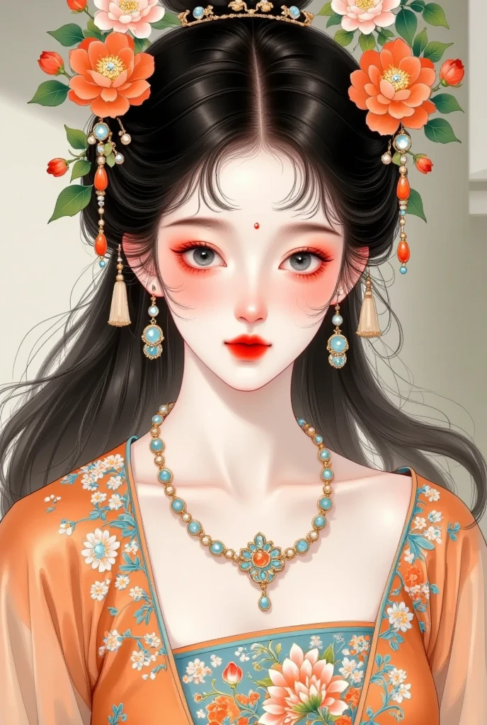 1 elegant girl,bead,black eyes, dark haired,, Chinese Clothes ,Shut up,skirt,earrings,gem,Jewelry,Lips,Lipstick,Long sleeve, View Audience,cosmetic,red Lips, Smile, unique ,tassel, upper body