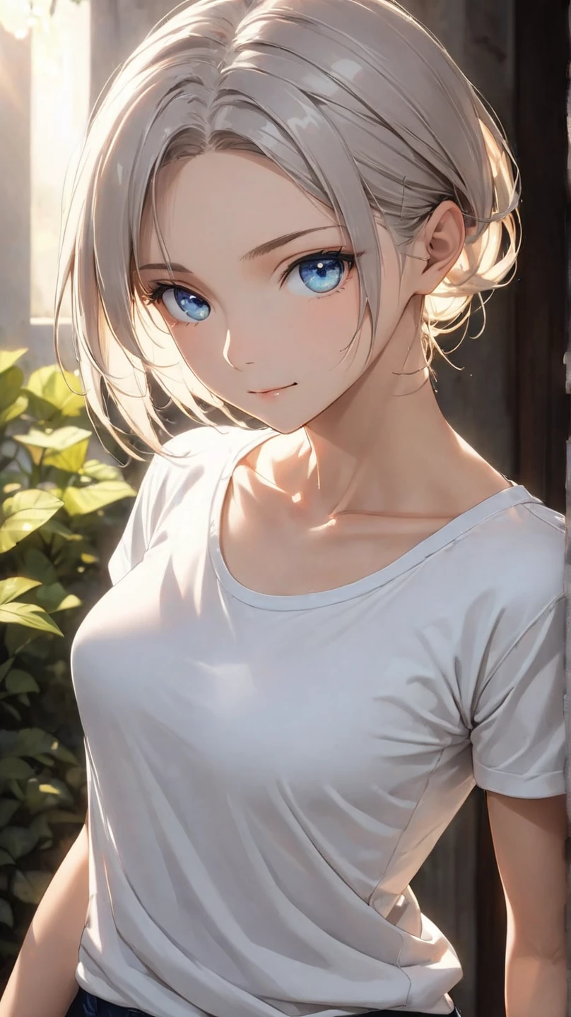 (Perfect Anatomy:1.3), animation style, short, slightly tousled light gray hair with a faint bluish tint, sleek and casual hairstyle with soft layers, (boyish and androgynous charm:1.3), calm and introspective young woman, short textured bangs, layered and tousled long nape, asymmetrical bangs, soft side-swept fringe, modern and minimalistic style, oversized hoodie or casual t-shirt, (relaxed-fit pants:1.7), ethereal and mysterious atmosphere, serene and gentle smile, Best Illumination, cinematic lighting, crisp details, vibrant colors, cute, (beautiful detailed face and eyes:1.3). (face shot:1.7), low angle, natural posing, looking directly at the camera, relaxed expression, (medium breasts:1.3), beautiful body, slim figure, Beautiful breasts, Beautiful clavicle, BREAK, (slender hips:1.3), (beauty legs:1.3), (slim thighs:1.3), (fit and toned legs:1.3), long legs, (Long, slender legs:1.3), (forehead:1.1), (parted bangs:1.3),(symmetrical and cute face:1.3), clear and fair skin, (soft and smooth skin:1.3), (beautiful eyes:1.3),  (beautiful face:1.3), (Mature appearance:1.5)、Smooth and Flawless Skin, Expressive and Captivating Eyes, Well-Defined Facial Features, Radiant and Healthy Glow, Perfectly Proportioned Face, Graceful and Symmetrical Features, Fine Details and Realistic Textures,  