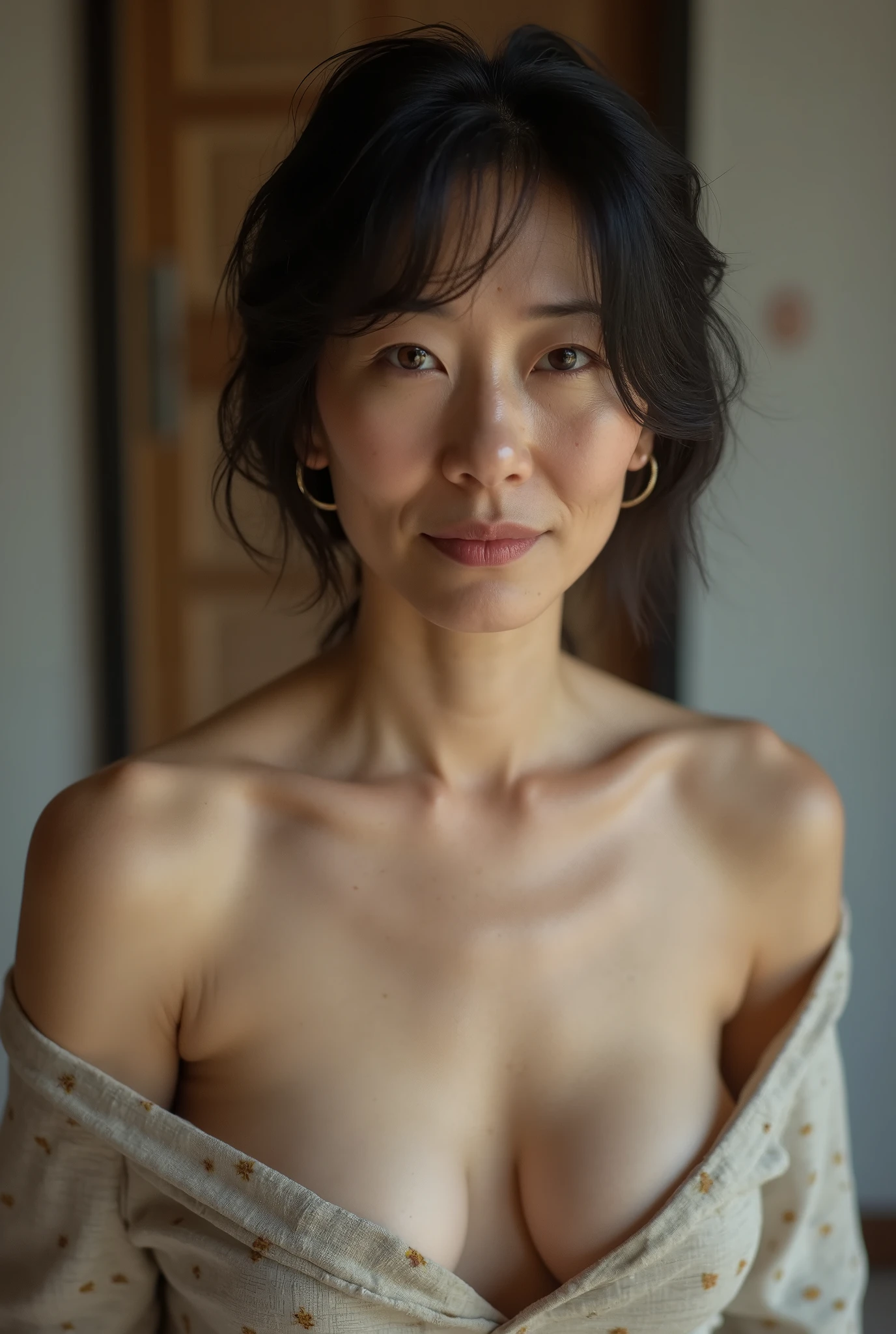 bun hair & Wearing a scarf on the head , (Tan Sri Dato' Michelle Yeoh), His body is too thin & Naked at Flood, Best Quality, Ultra-detailed, Naked, naked, naked, (Bokeh).