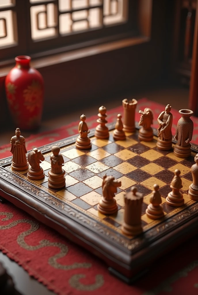 A photo of a beautifully set chess board with pieces in the middle of a game,HBO's Game of Thrones,Varys is a heavier set bald man, who wears fine embroidered robes, famously portrayed by Conleth Hill