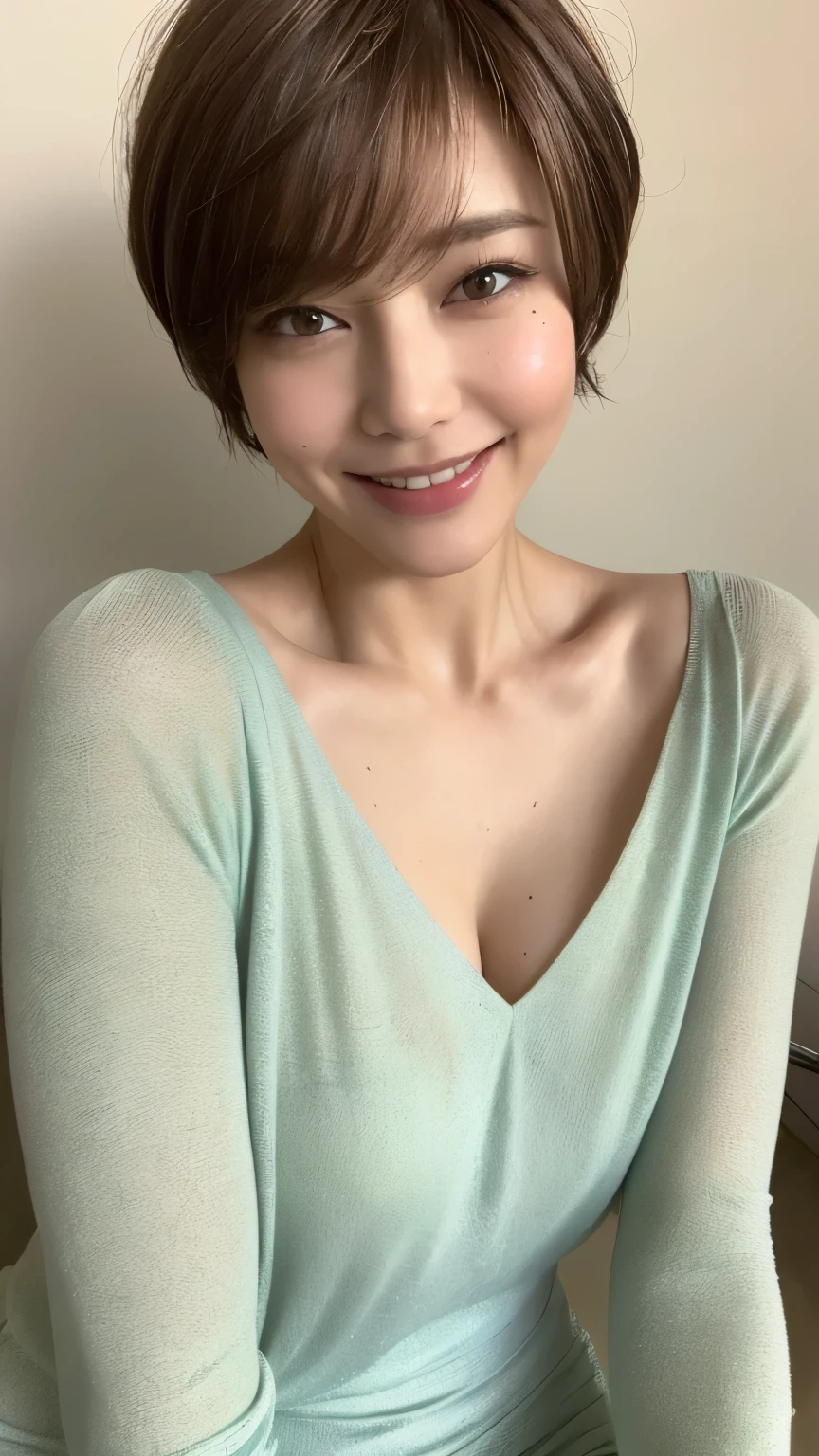 A 50 year old woman, pretty, with half gray hair, smooth and short. She is thin, has light eyes and white skin. She has a fixed look and a sweet smile.