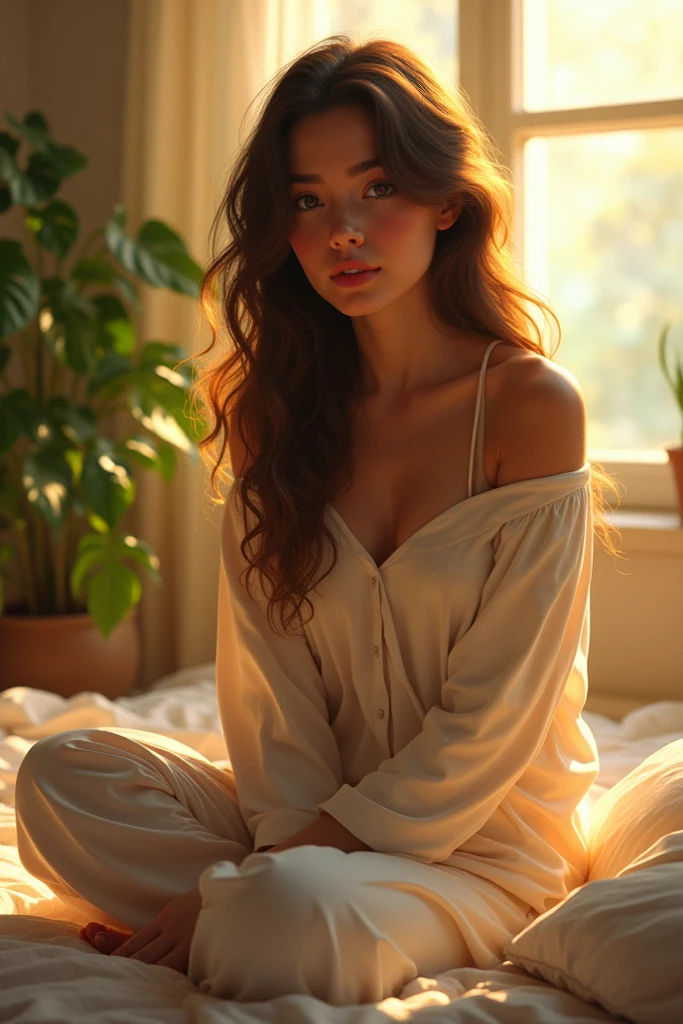 (photorealism:1.2), beautiful woman, sitting on bed, wearing loose off-shoulder top, pajama pants, long curly hair, indoors, soft lighting, plants in background, window with sunlight, cozy room, relaxed pose, realistic, intricate details, warm colors, by Greg Rutkowski, by Alphonse Mucha xxx