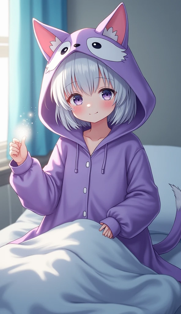 1girll, White hair, Purple eyes, onesie, Animal hood, Animal print, Whiskers, Indoors, Bedroom, plushies, on top of the bed, Sitting, Knees up, (paw pose:1.2), Smile, (:3:1.1), Open mouth, Blush, window, (Night sky:1.01), Barefoot, A sole,