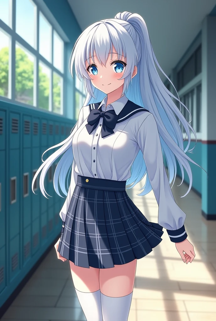 "Anime character of a 15-year-old girl with snow-white hair, styled in a sleek ponytail that flows elegantly, shining under the light. She has a fringe that gently frames her face, adding a soft touch to her ethereal look. Her eyes are a deep ocean blue, resembling the vastness of a mysterious sea. She wears a classic school uniform, consisting of a white blouse with a bow tie, a plaid skirt, and knee-high socks that reach up to her waist. The character is standing in a traditional school hallway, surrounded by large windows that let in natural light. The hallway is lined with lockers and bulletin boards, giving the setting a lively, everyday school atmosphere. Her gentle and unique appearance contrasts with the busy environment, making her seem like she belongs to another world yet is seamlessly part of school life."