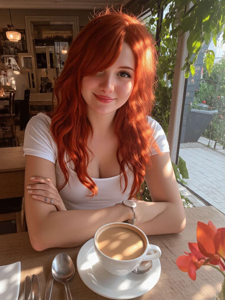 date a redhead woman sitting at a table