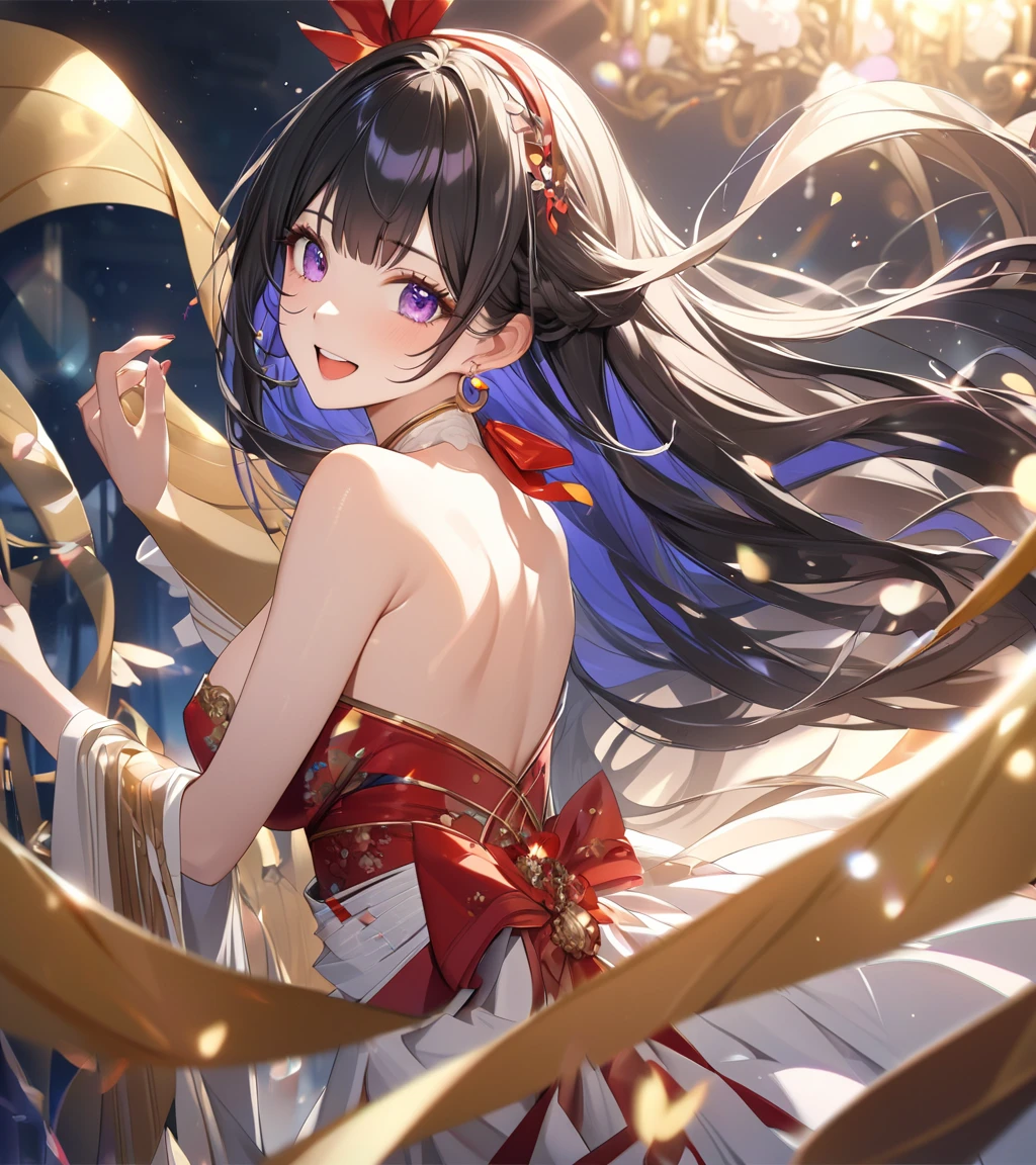 1girl, aurora, back, bangs, bare_shoulders, blackhair, breasts, constellation, dress, earrings, earth(planet), fireworks, flower, fur_trim, galaxy, gloves, hair_flower, hair_ornament, holding, jewelry, large_breasts, light_particles, long_hair, looking_at_viewer, milky_way, night, night_sky, planet, red_eyes, red_flower, rose, shootingstar, sky, snowing, solo, space, star(sky), starry_sky, starry_sky_print, weapon