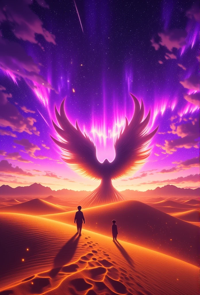 "A vast Pixar-style desert, with rolling dunes of softly glowing golden sand. The purple sky is filled with luminous auroras and small shooting stars. The boy and Tyalvor walk together; the boy wears an expression of wonder and determination, while Tyalvor spreads its wings, protecting it from the bright wind that carries stardust-like particles. Its tracks disappear instantly, and in the distance, ethereal mountains are seen floating in the air."