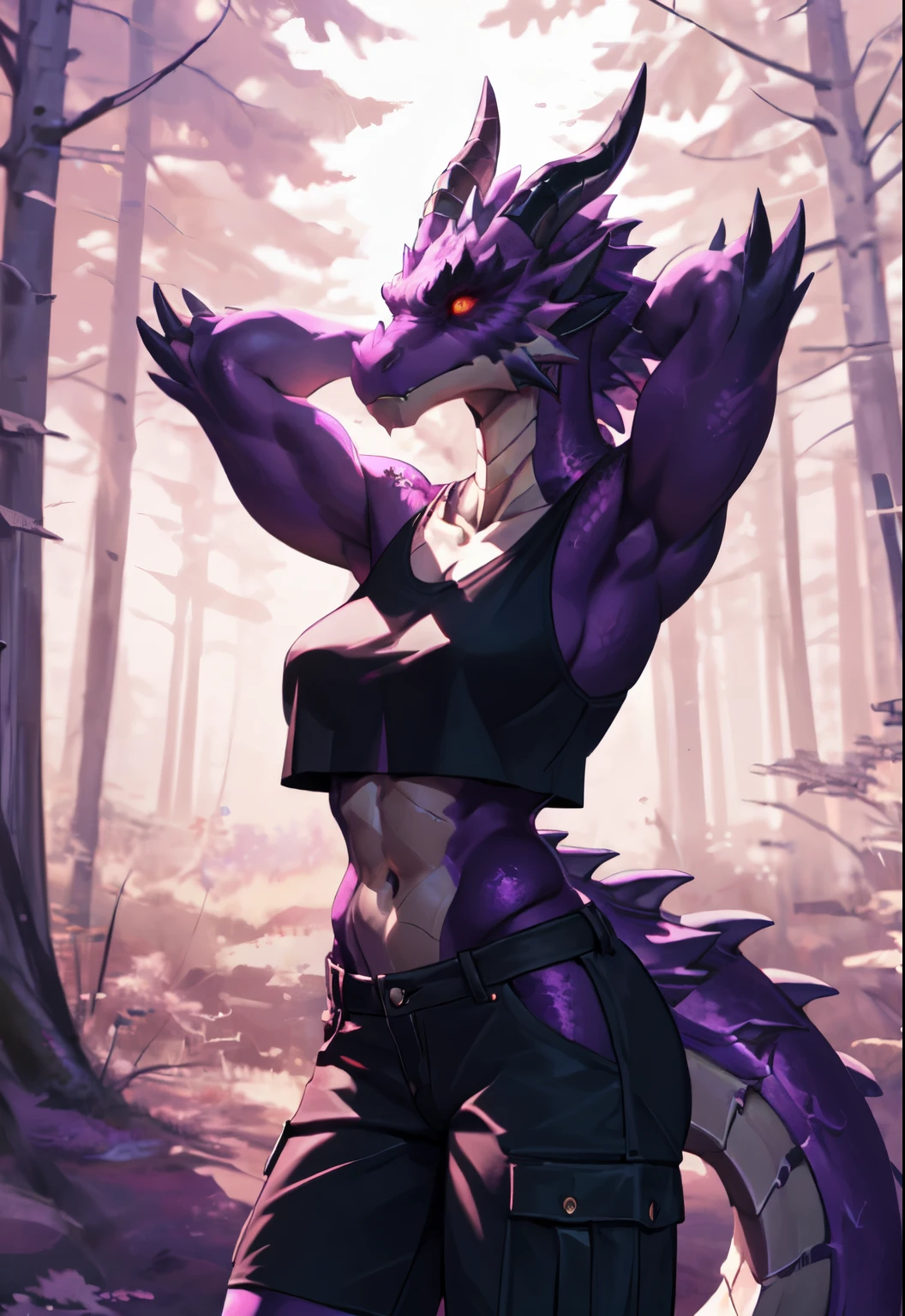 exquisite portraits,dragon,Humanity,woman,alone,Empty,Detailed background,By Carme 3,three quarter view,forest,crop top,cargo shorts,red sclera,yellow eyes,Purple accent,glowing accents,Put your hands behind your head,beast