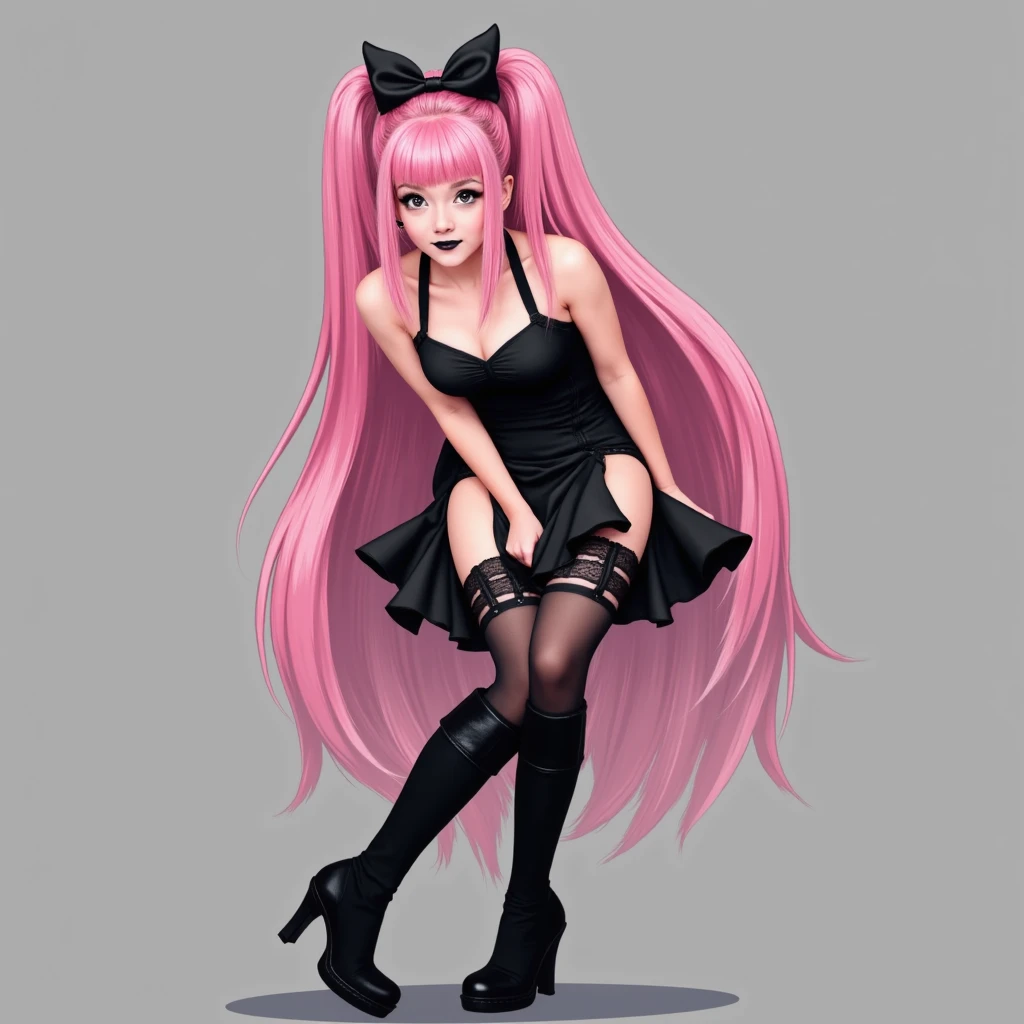 Goth, , Pink Hair, Bangs, Hair Ribbon, Hair Bow, Large breasts, Earrings, Looking at viewer, Bending Over, Black Mini Dress, Stockings, Suspenders, Black High Heel Knee High Boots, Absurdly Long Hair, Hair Between Eyes, Space Buns, Black Lips