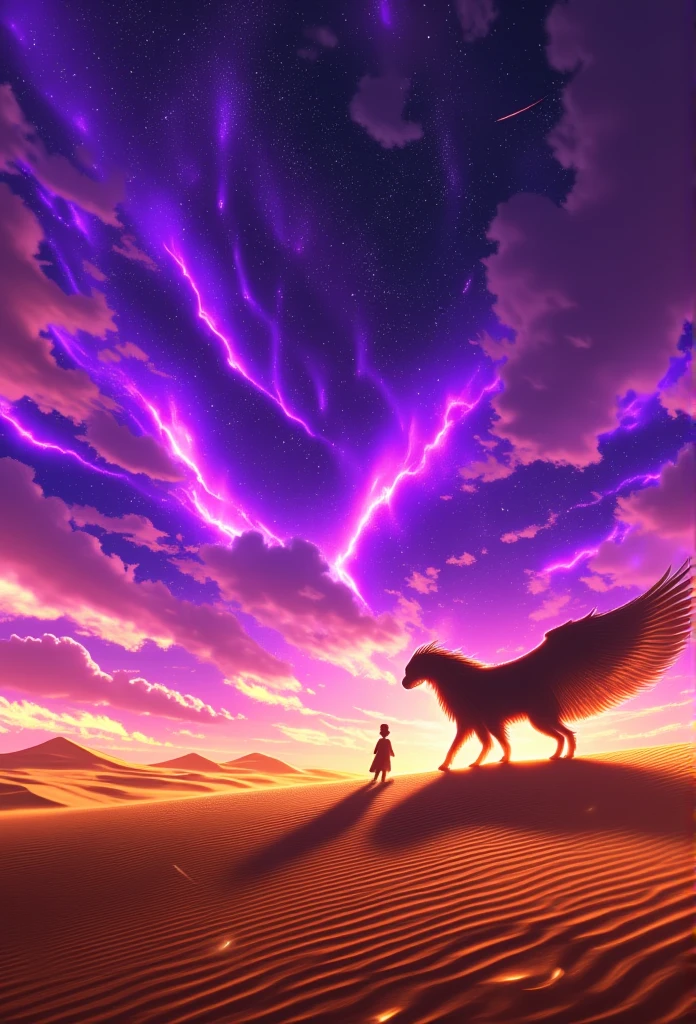 "A vast Pixar-style desert, with rolling dunes of softly glowing golden sand. The purple sky is filled with luminous auroras and small shooting stars. The boy and Tyalvor walk together; the boy wears an expression of wonder and determination, while Tyalvor spreads its wings, protecting it from the bright wind that carries stardust-like particles. Its tracks disappear instantly, and in the distance, ethereal mountains are seen floating in the air."