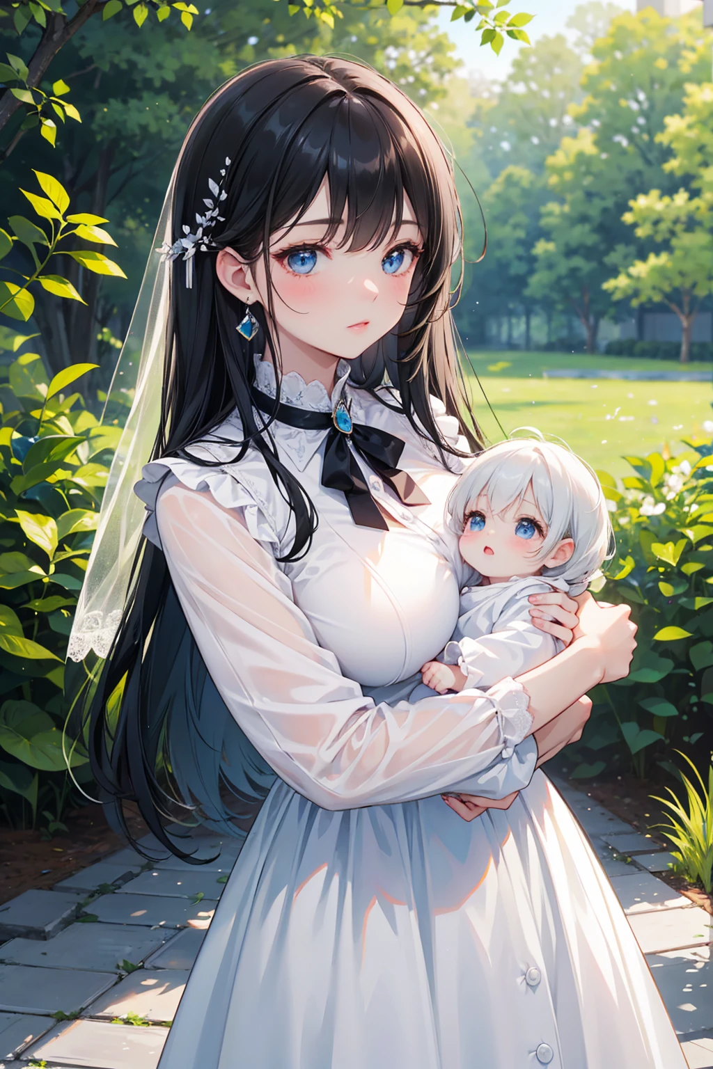 fashionable 1950s female lady police dress skirt uniform, cradling baby in her arms in atmospheric garden