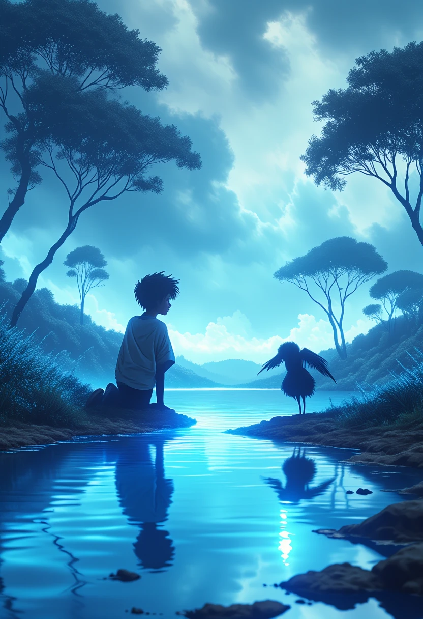 "A Pixar-style meandering river, with crystal-clear waters that reflect not the sky, but images of the boy's past and future. He kneels at the edge of the water, gently touching it and seeing a reflection of himself as an adult, with an expression in amazement. Tyalvor, standing next to him, with his wings partially extended, observes him with a mixture of pride and protection. Around him, the landscape is shrouded in a soft blue mist and shines with an ethereal light that highlights the details. magical."