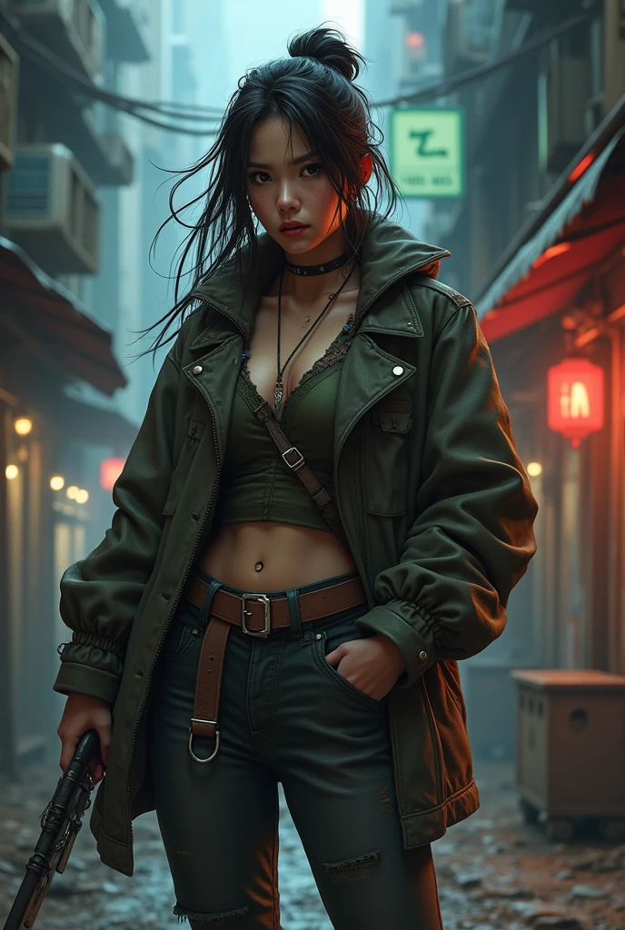 Masterpiece, best quality, high-resolution, realistic, woman, firefighter, burning house in the background, rainy wet weather, soaking wet skin, raindrops, thunderstorm, Blade Runner, dystopia, science fiction, biomechanical details, bright neon lights, dark threatening buildings, bare chest, large chest muscles, pale skin, pulled down pants, short black hair, ((young)) --auto --s2