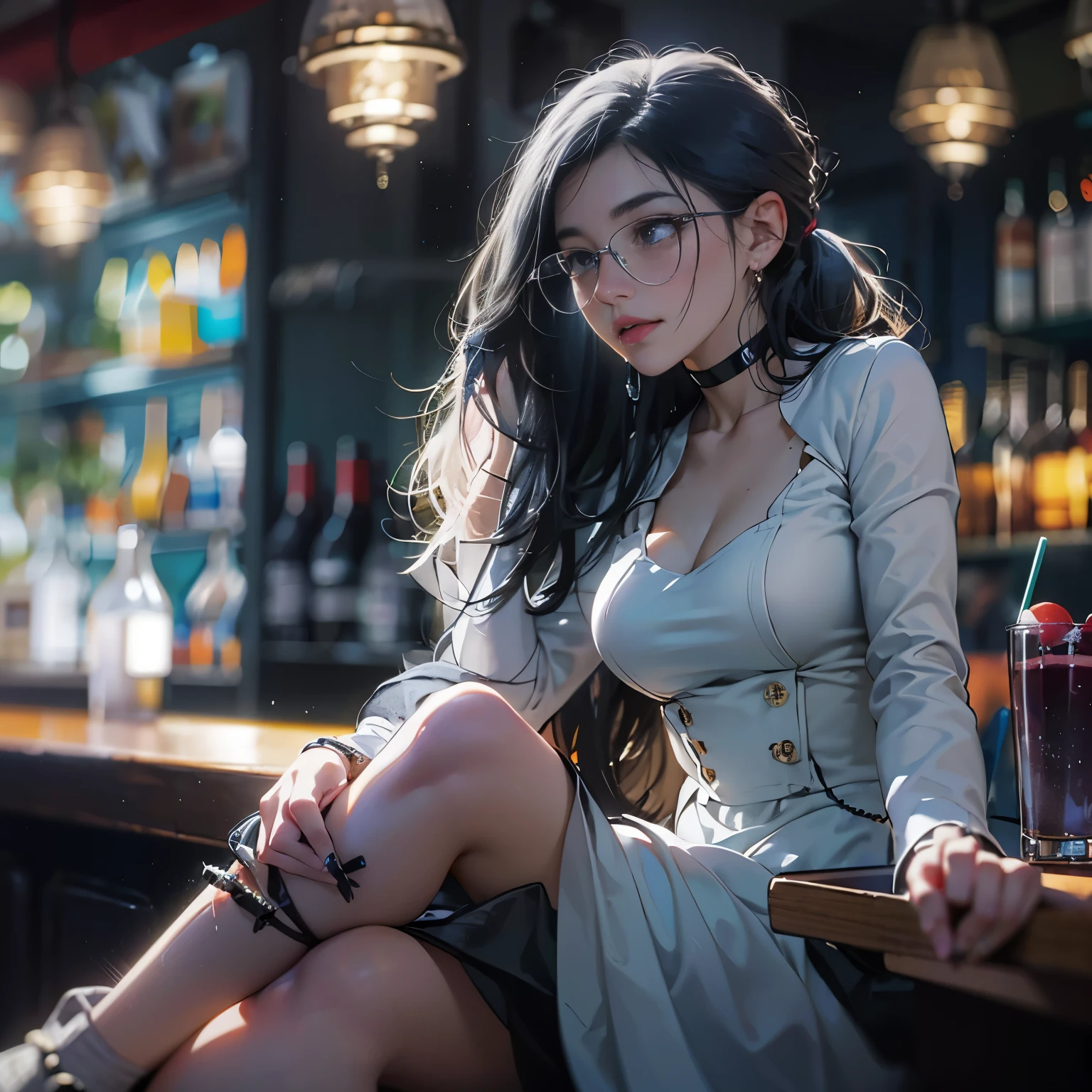 action shot a picture of a curvy woman (Masterpiece 1.5, intense details), full body, sitting in a bar, sipping a cocktail, wearing a white mini dress, slightly hiding the edge of white silk stocking, wearing high heels, smirking, glasses, black choker (intense details, black hair, long hair, ponytail, very long hair, hair strand, hairpin, eye reflection, intense azure eyes, light makeup, shy, blush, photorealistic, Realism, depth of field, dim light, full body, silhouette, perfect anatomy, view from side, Ultra-Wide Angle, retina, UHD, best quality, 8k, highres, high details ,(masterpiece:1.3), (8k, Photorealistic, RAW Photography, Best Quality: 1.4), (ahegao:1.1)