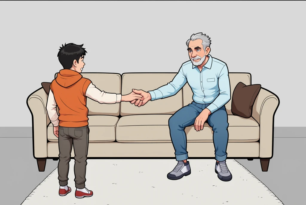 In a cosy living room, a cheerful old man extends his hand to a young boy for a handshake. Dressed in an orange hoodie and comfortable trousers, the boy looks eager and curious. They are standing on a soft rug in front of a modern sofa with neutral coloured walls in the background. Capture the warmth of their interaction, emphasising themes of intergenerational friendship and connection.