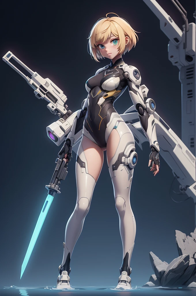 ((full body):1.5), {(Princess Zelda)}, {(((wearing black mecha costume with white parts extremely tight on her body)), ((extremely large breasts)), ((short brown hair, eyes blue)), is looking at the viewer, smiling, ((doing erotic pose)) holding futuristic weapons), (background: destroyed city, ((raining heavily))))}, ((cyberpunk):1.2), 16k, high quality, high detail, UHD