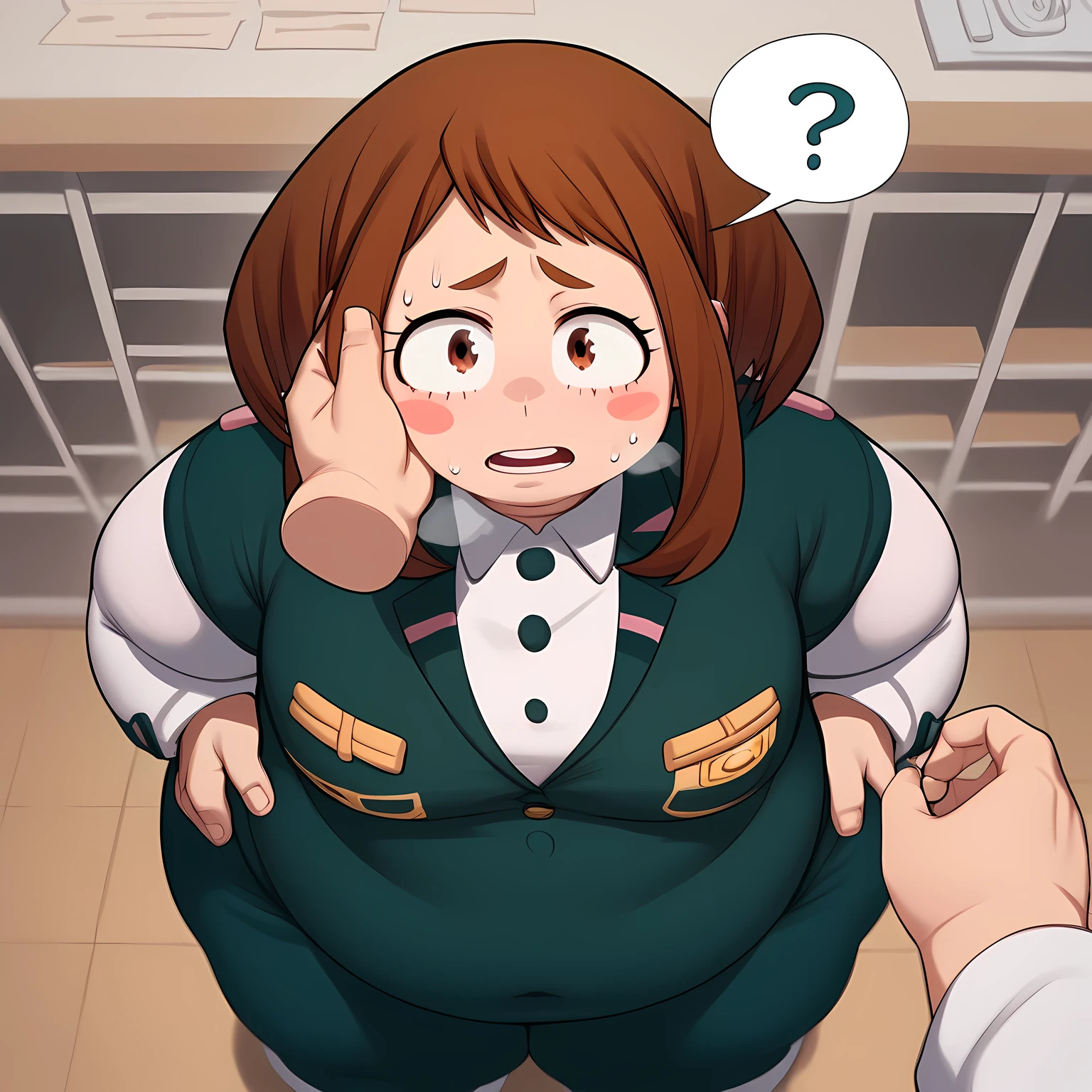 Ochako Uraraka store , Big Eyes,  short brown hair ,   My Hero Academia , girl, heroine,  hero uniform,  big  , big ass, thick, View from above,  small smiles , Teen,  with his arms around his back is staring at the viewer, Place hands on hips, School, classroom, day, 8k, super high quality, Saturated, High resolution、z,whole body、、Indecent bodyswollen face, fat, chubby, obese, open mouth, out of breath, absurdres, highres icon, rating:General, confused, blush, spoken question mark, {flustered}, nervous sweating, portrait, pov hands, hand on another's cheek, averting eyes, [looking away], straight-on, from above,  upper body, masterpiece, best quality, ultra-detailed, high resolution, 8K, absurdres, highres icon,