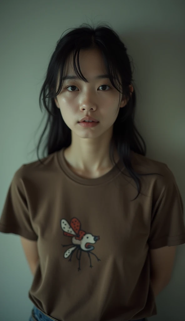 Boy with long hair tied in a ponytail wearing a white t-shirt with a tight black blouse and jeans