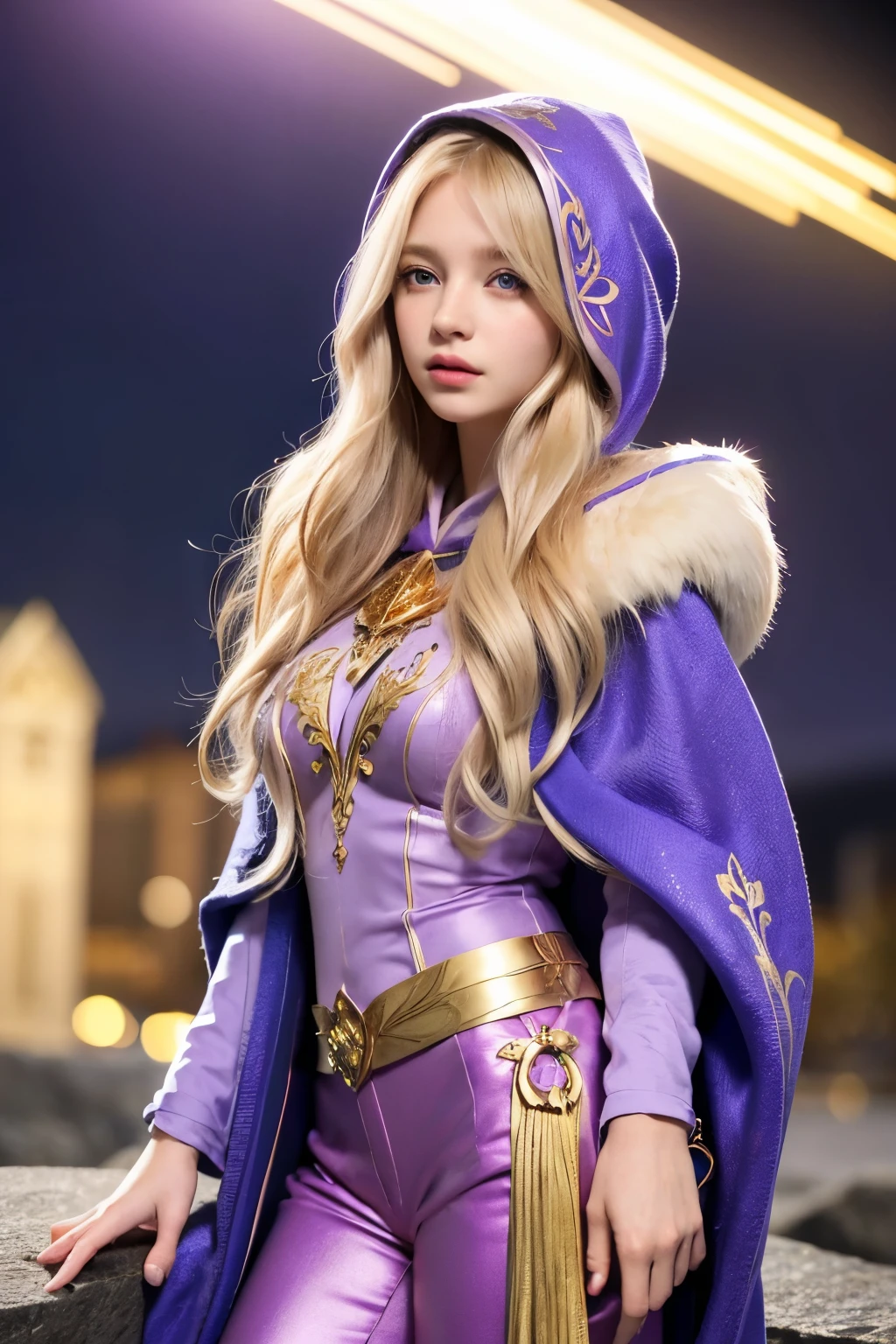 A beautiful girl, long hair, blonde hair, (detailed face: 1.4), (dressed in a blue cloak, hood covering the face), blue eyes, perfect nose, pink lips, (purple shirt with gold drawings), medium breasts, (purple pants with gold drawings), (full body), (standing on a stone), at night, cliff, flashes of light,