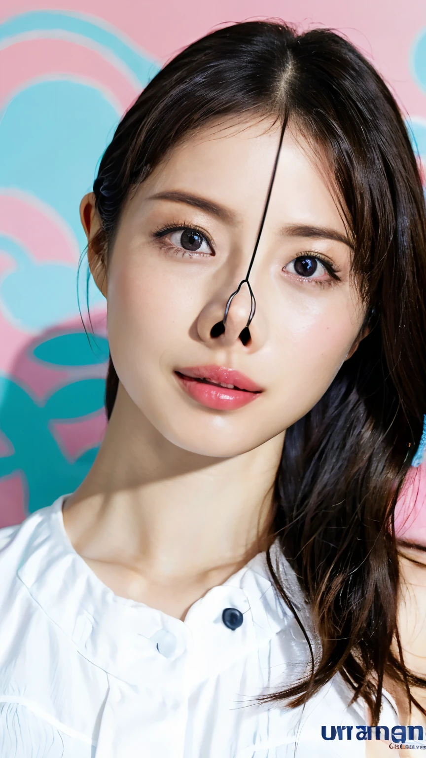 Fashion trendy beautiful and attractive woman, ,(Highest quality realistic textured skin:1.4), detailed eyes, detailed face, high quality eyes, focus the eyes clearly, nose and mouth,face focus, Super close up of face gentle and charming Chinese beautiful woman, delicate and sexy clavicle, attractive oval face, double eyelid, Smart peach blossom eyes, pink lips, small nose, bare shoulders, focus on the face, close up of face, ultra high resolution, Super detailed, full body photo, Ultra-thin and transparent, The white off-shoulder shirt goes perfectly with the light blue slit skirt, fresh and good, And see through