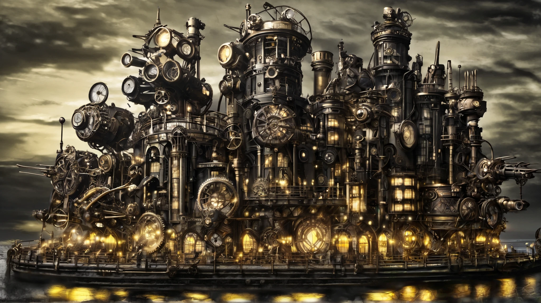 steampunk、landscape、dim、beautiful、unmanned、Obsolete、night、air、gear、mechanical、yellow、Large building