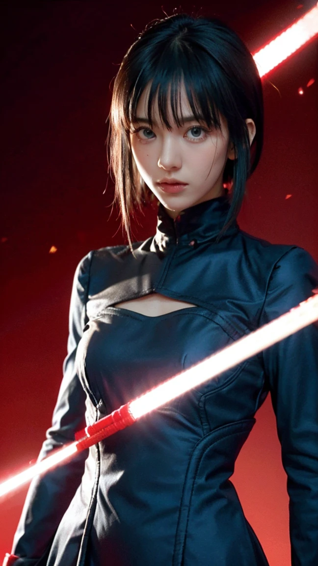 Create a striking anime-style illustration of a lethal ninja nun. The character should be a young woman with long, jet-black hair and straight bangs, framing a face with piercing red eyes and slightly parted lips. Her expression should convey a mix of detachment and danger. Dress her in a form-fitting black habit, reimagined as a sleek combat outfit. The habit should have a high collar and flowing sleeves, contrasting with multiple leather straps and buckles cinching the waist and thighs. Include a white coif framing her face, adding a stark contrast to her dark attire. Position a katana diagonally across her back, its hilt visible over her right shoulder. The sword's wrapping and tsuba should be intricately detailed. Set the character against a vivid red background, creating a bold contrast that heightens the sense of danger and drama. Use dramatic side-lighting to accentuate the curves and edges of her outfit, casting sharp shadows and highlighting the glossy texture of her hair and the metallic elements of her gear. The art style should blend clean, sharp lines with subtle gradients, emphasizing the character's deadly grace. Pay close attention to small details like the reflection in her eyes, the texture of the leather straps, and the folds in her habit. Incorporate hints of hidden weapons beneath her outfit, suggesting her lethal capabilities. The overall composition should exude a sense of controlled power, religious devotion twisted into something dangerous.