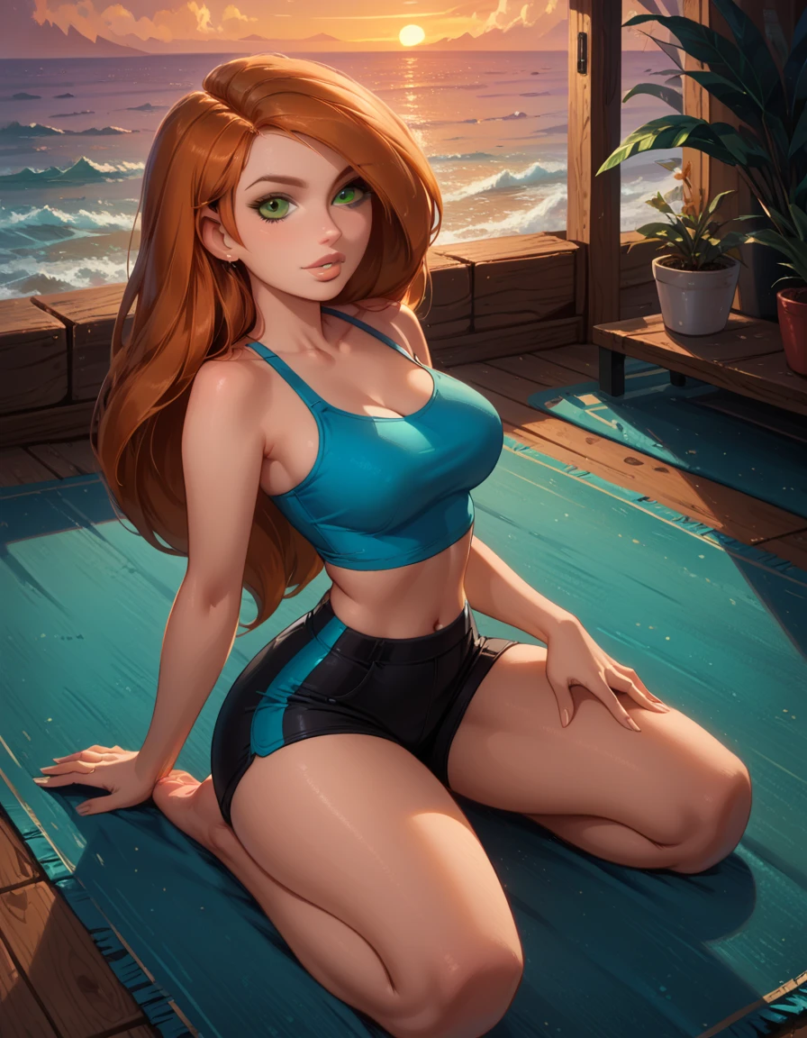 core_9, score_8_up, score_7_up, score_6_up, rating_questionable, 1girl, solo, beautiful waifu, (thicc, plump butt, thick thighs:1.2), (Kim Possible:1.4), wearing (tiny yoga shorts and yoga top, bare shoulders, bare arms, midriff, barefoot:1.2), (beautiful bedroom:1.4), on the carpet, (kneeling, mpose, legs apart:1.3), hand on thigh, sexy look, sexy smirk, looking up at viewer, eyes half-closed, filled lips, thick lips, (sunrise:1.1), detailed eyes, detailed face, dimly lit, perfect hands, (Hand, detailed, perfect, perfection, hands:1.2), perfect proportions, POV, shot from above.