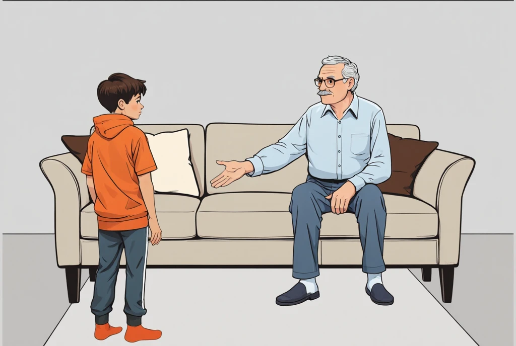 In a cosy living room, a cheerful old man extends his hand to a young boy for a handshake. Dressed in an orange hoodie and comfortable trousers, the boy looks eager and curious. They are standing on a soft rug in front of a modern sofa with neutral coloured walls in the background. Capture the warmth of their interaction, emphasising themes of intergenerational friendship and connection.