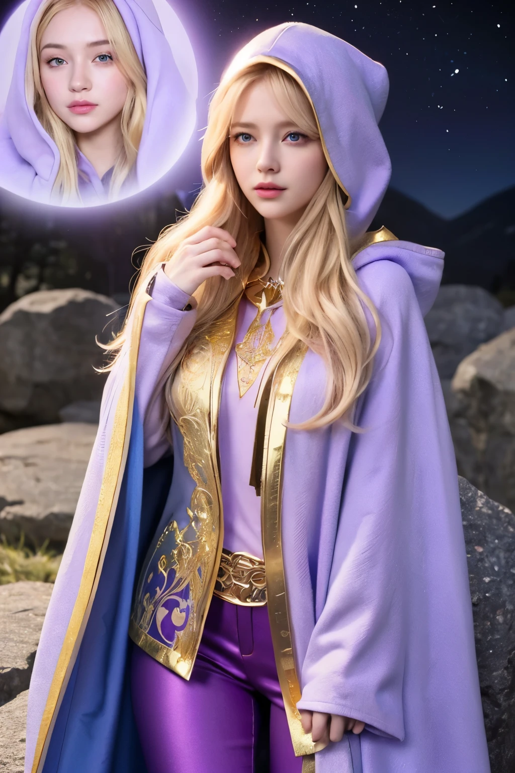 A beautiful girl, long hair, blonde hair, (detailed face: 1.4), (dressed in a blue cloak, hood covering the face), blue eyes, perfect nose, pink lips, (purple shirt with gold drawings), medium breasts, (purple pants with gold drawings), (full body), (standing on a stone), at night, cliff, flashes of light,