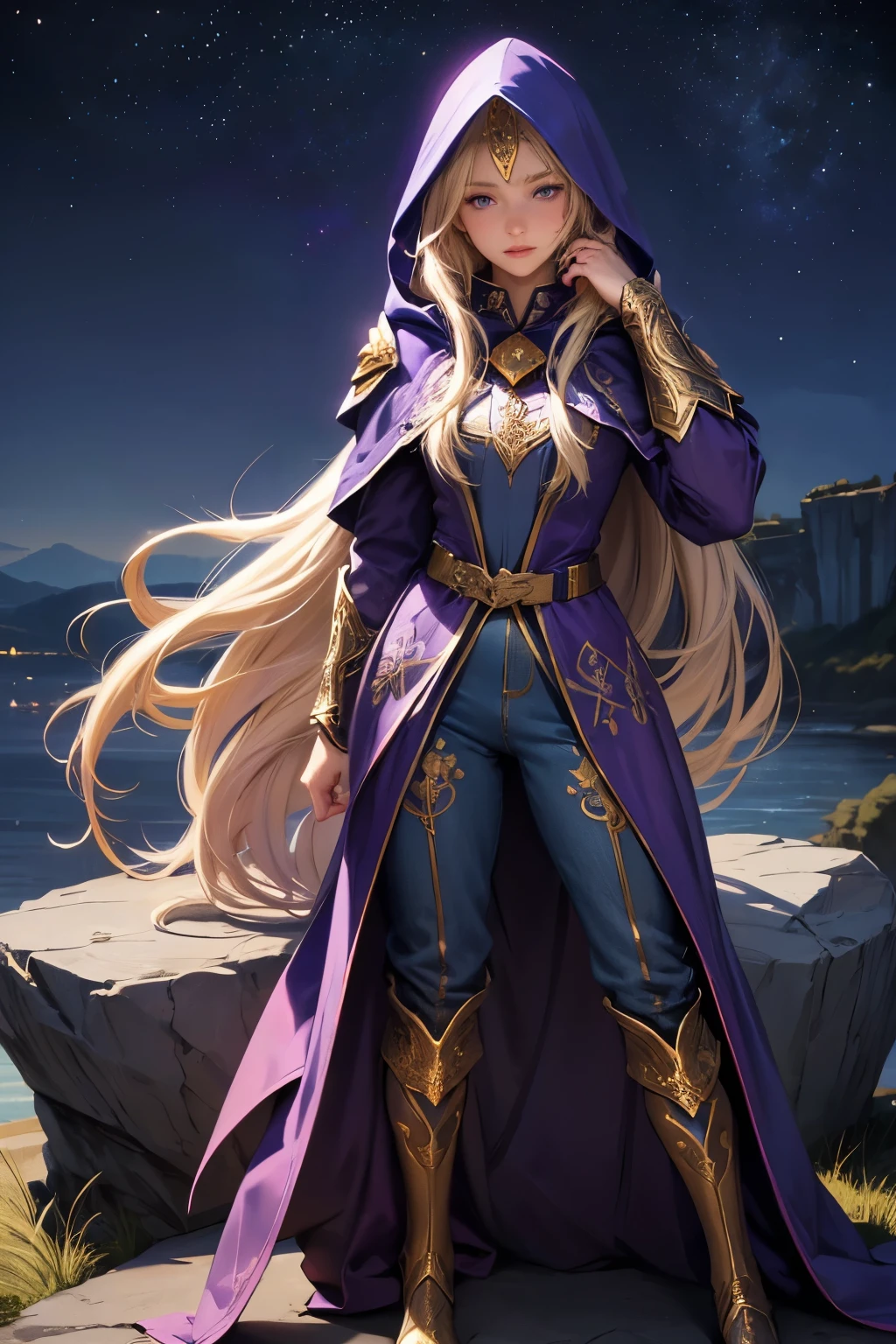 A beautiful girl, long hair, blonde hair, (detailed face: 1.4), (dressed in a blue cloak, hood covering the face), blue eyes, perfect nose, pink lips, (purple shirt with gold drawings), medium breasts, (purple pants with gold drawings), (full body), (standing on a stone), at night, cliff, flashes of light,