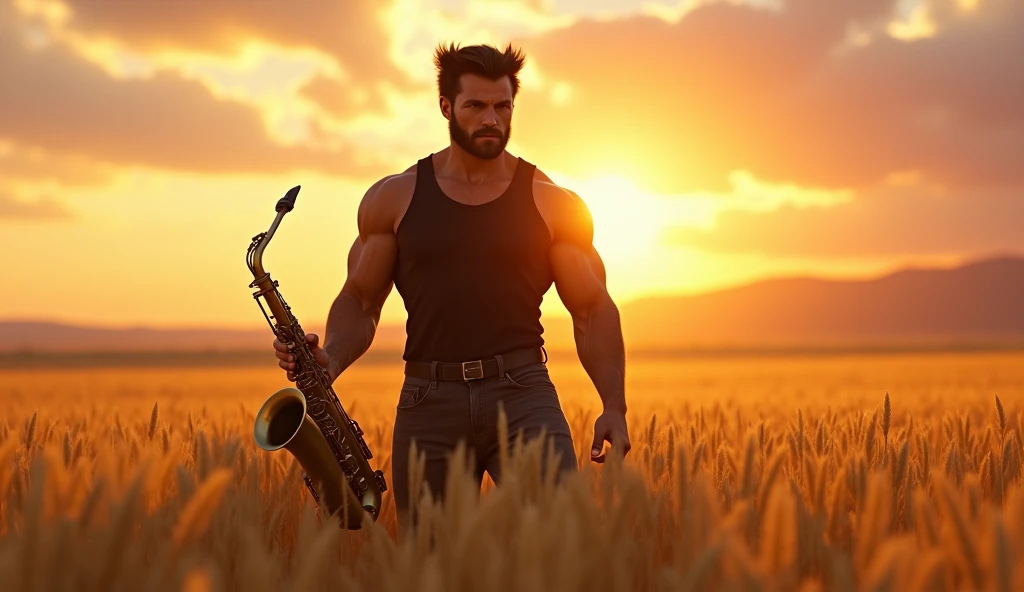 Wolverine holds a saxophone in his hand, wearing a black tank top that reveals his muscular arms. Standing in an endless field of golden wheat, the brilliant sunset light shines down, illuminating the beauty of nature. The sky changes from yellow, orange, pink to purple, creating a peaceful and poetic feeling. The tall, heavy wheat stalks sway in the gentle breeze.