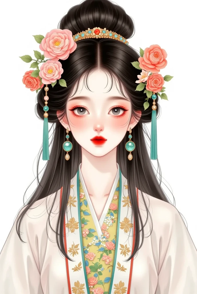 1 Girl,bead,black eyes, dark haired,, Chinese Clothes ,Shut up,skirt,earrings,gem,Jewelry,Lips,Lipstick,Long sleeve, View Audience,cosmetic,red Lips, Smile, unique ,tassel, upper body