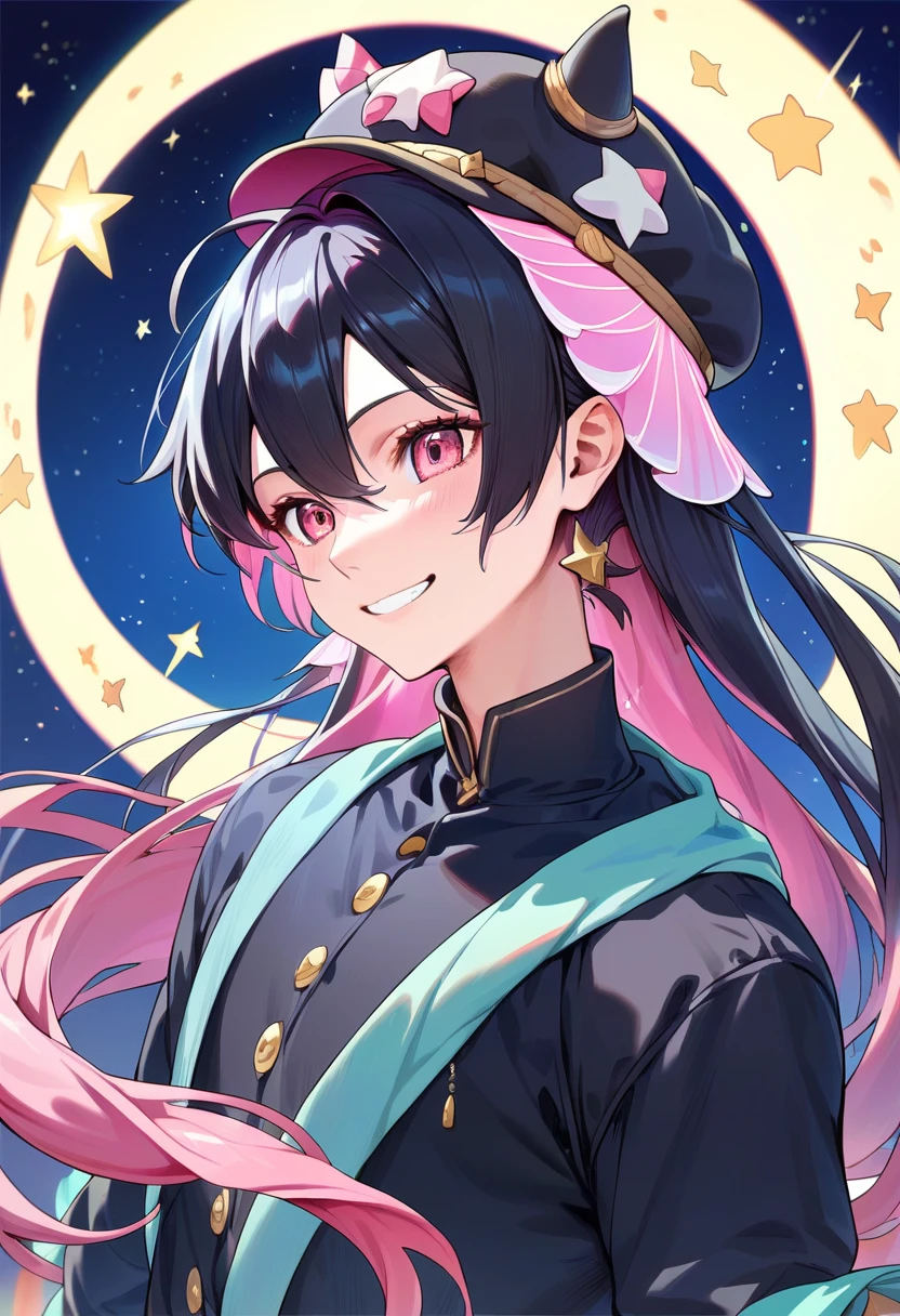 A man with black hair in a neat style outfit is also holding a  with pink hair, pink eyes, cute style outfit with a hat on her head.Bright smile, night background, looking at the stars and the moon. Long Haired Girl