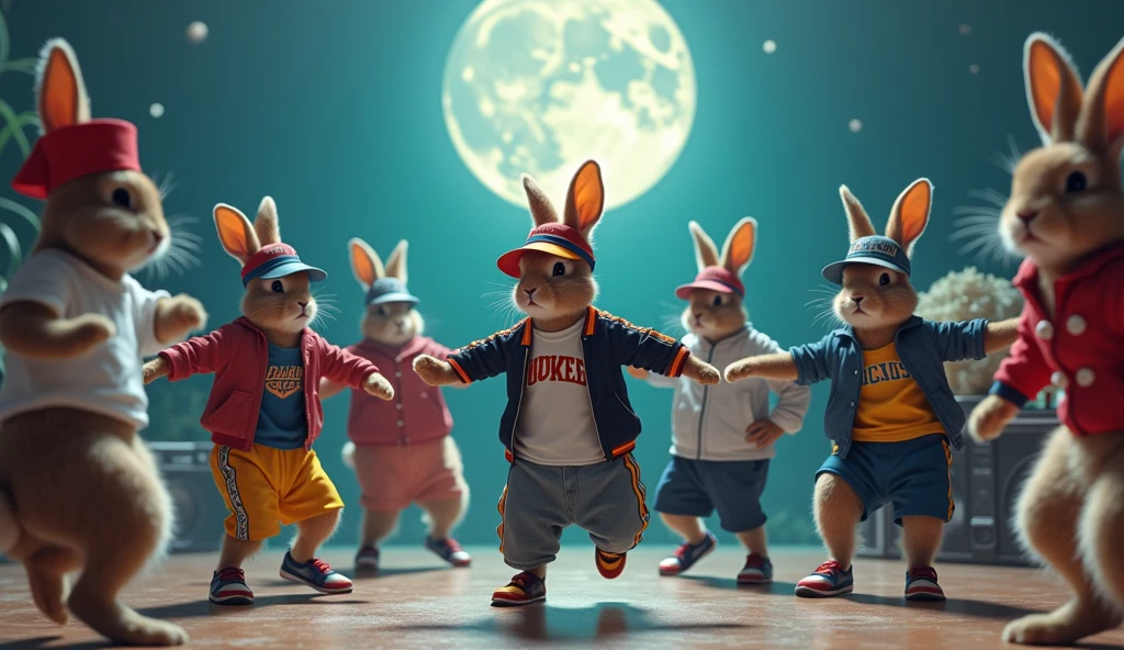 In front of a dance club in New York, anthropomorphized young people, including rabbits, cats, and dogs, are waiting for the club to open. They are dressed in American youth clothing. Summer night, 3D character style