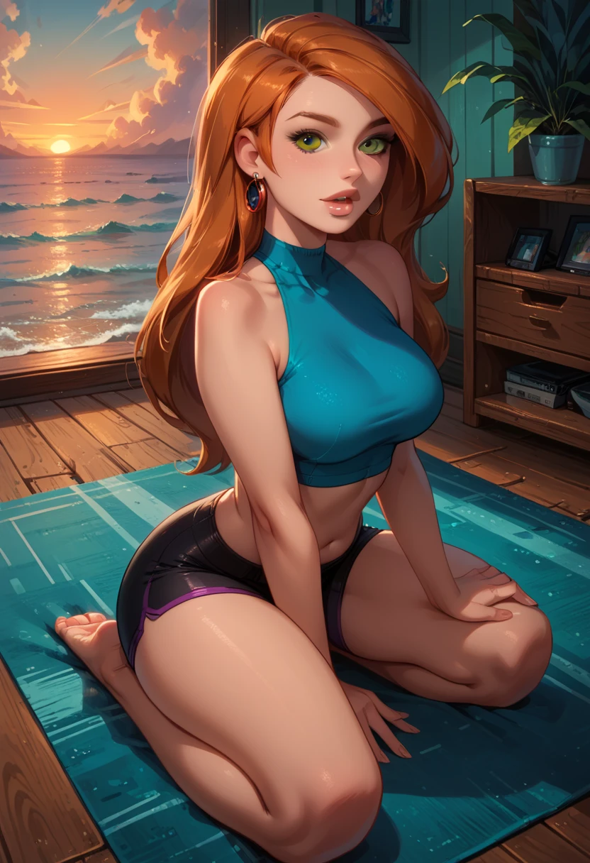 core_9, score_8_up, score_7_up, score_6_up, rating_questionable, 1girl, solo, beautiful waifu, (thicc, plump butt, thick thighs:1.2), (Kim Possible:1.4), wearing (tiny yoga shorts and yoga top, bare shoulders, bare arms, midriff, barefoot:1.2), (beautiful bedroom:1.4), on the carpet, (kneeling, mpose, legs apart:1.3), hand on thigh, sexy look, sexy smirk, looking up at viewer, mouth open, horny, eyes half-closed, filled lips, thick lips, (sunrise:1.1), detailed eyes, detailed face, dimly lit, perfect hands, (Hand, detailed, perfect, perfection, hands:1.2), perfect proportions, POV, shot from above.