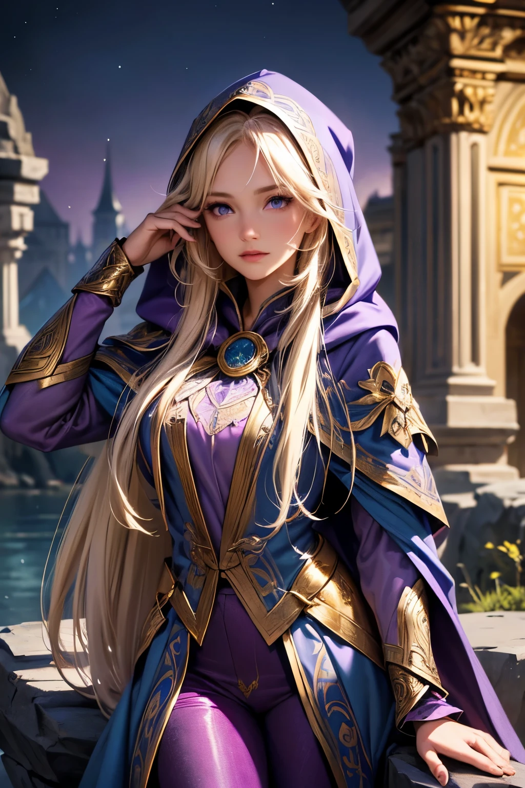 A beautiful girl, long hair, blonde hair, (detailed face: 1.4), (dressed in a blue cloak, hood covering the face), blue eyes, perfect nose, pink lips, (purple shirt with gold drawings), medium breasts, (purple pants with gold drawings), (full body), (standing on a stone), at night, cliff, flashes of light,