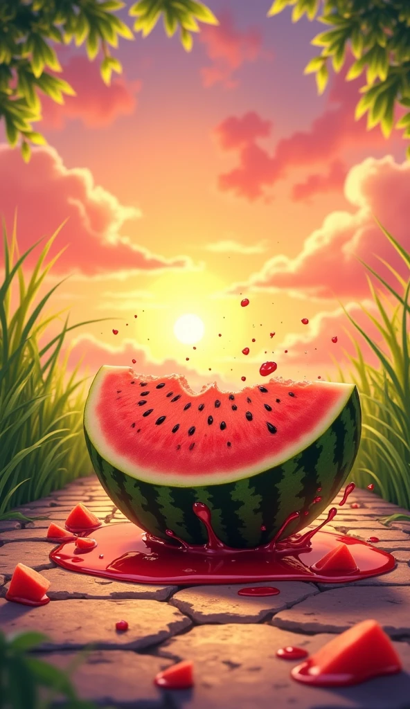 A vibrant and dreamlike scene inspired by Makoto Shinkai's art style: a freshly smashed watermelon lying on a stone pathway, surrounded by splashes of red juice and scattered watermelon pieces. The setting is a glowing orange and pink sunset, with soft light rays shining through distant clouds. Vibrant green leaves and tall grass frame the foreground, adding depth. Ultra-detailed textures on the watermelon rind and the stone pathway, with a cinematic, warm ambiance.
