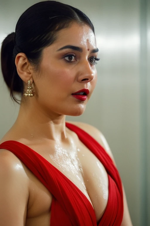 Nsfw, day scene, close up photo of naked (kareena kapoor:0.1) from top view, big cheeks, soaked in sweat, red Hollywood lips, swooping breasts, seducing in a elevator, hourglass figure, armpits, (blue eyes:1), ponytail, necklace, 30 yo, look at viewer, (cinematic:1.3), intricate details, (ArtStation:1.2)