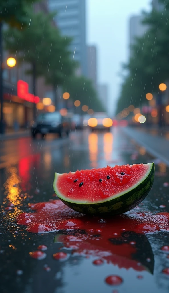 A rainy, dreamlike scene inspired by Makoto Shinkai's signature style: a watermelon shattered on wet pavement, its vibrant red flesh and juice mixing with rainwater. Reflections of glowing city lights in puddles, with a soft-focus background of urban buildings under an overcast sky. Vivid and rich colors: red, green, and cool blues dominate the palette. Ultra-detailed textures on the shattered watermelon and glistening raindrops.
