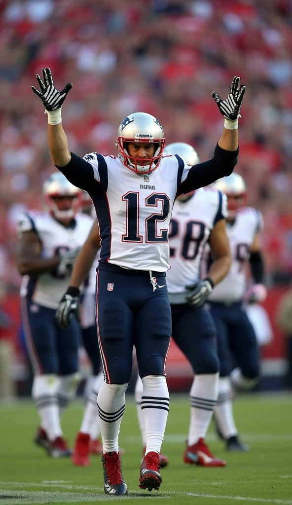 Quarterback Tom Brady in football gear with diamond accessories and his Super Bowl rings