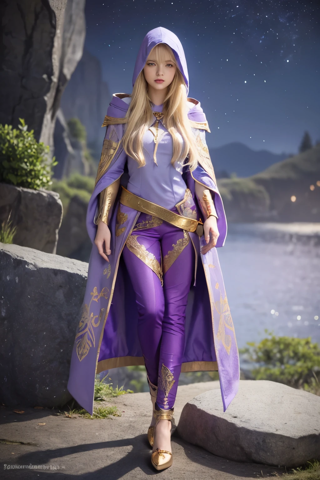 A beautiful girl, long hair, blonde hair, (detailed face: 1.4), (dressed in a blue cloak, hood covering the face), blue eyes, perfect nose, pink lips, (purple shirt with gold drawings), medium breasts, (purple pants with gold drawings), (full body), (standing on a stone), at night, cliff, flashes of light,